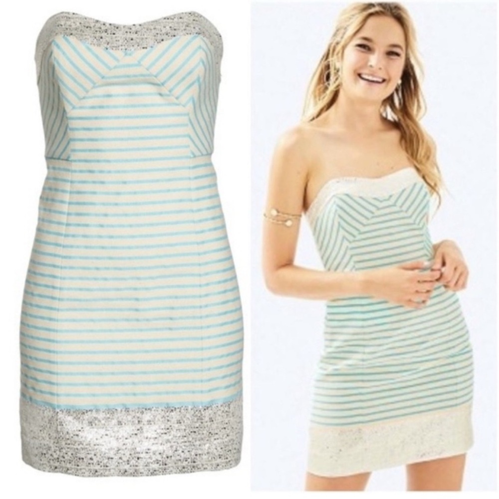 Lilly Pulitzer Remi Dress Bayview Stripe Metallic Dress Women's 0 Blue Horizon